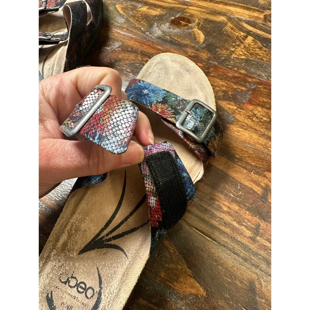 ABEO Blythe Multi Floral Snake Embossed Leather Orthotic Slide Sandals Womens 8N